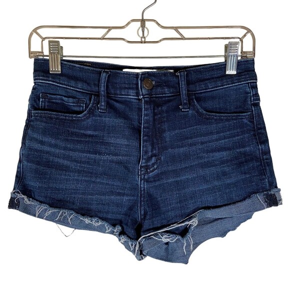 Abercrombie & Fitch Women's Size 4 w27 Dark Blue Denim Cut-off Shorts Raw Fringe - Picture 1 of 11